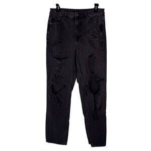 American Eagle Baggy Mom Black Jeans Distressed Comfort Stretch Waistband Size 8